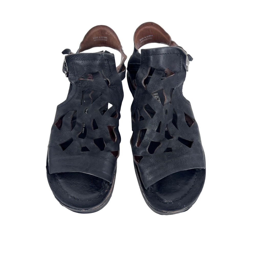 AS98 Rogan Black Leather Laser Cut Flat Gladiator Sandals‎ 8.5